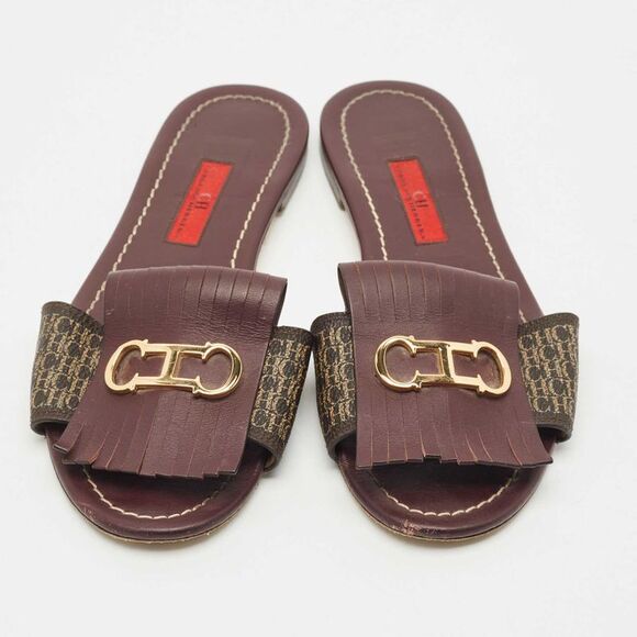 Ch Carolina Herrera Brown Signature Canvas And Leather Lock Flat Slides Size 37 - Picture 3 of 7